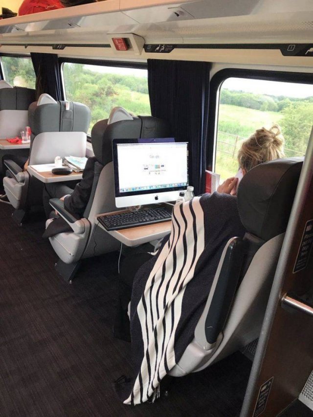 desktop computer on train