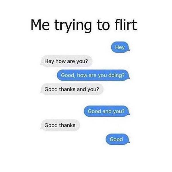 flirting funny - Me trying to flirt Hey Hey how are you? Good, how are you doing? Good thanks and you? Good and you? Good thanks Good