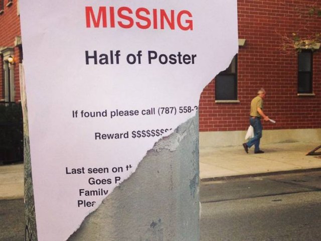 missing half of poster - Missing Half of Poster If found please call 787 558? Reward $$$$Sss Last seen on th Goes P Family Pler