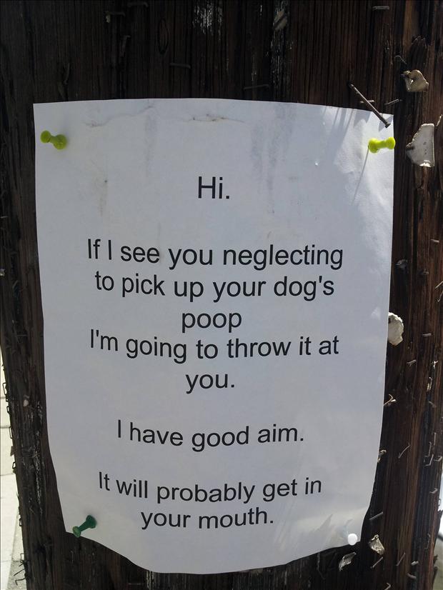funny neighbor - Hi. If I see you neglecting to pick up your dog's poop I'm going to throw it at you. Thave good aim. It will probably get in your mouth