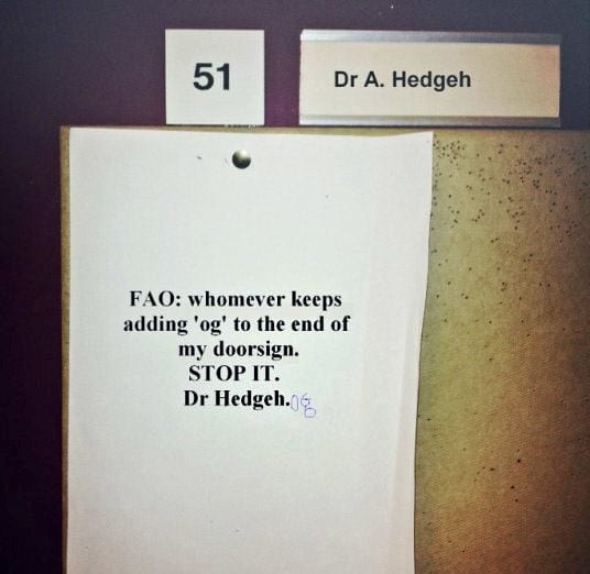 Dr A. Hedgeh Fao whomever keeps adding 'og' to the end of my doorsign. Stop It. Dr Hedgeh.