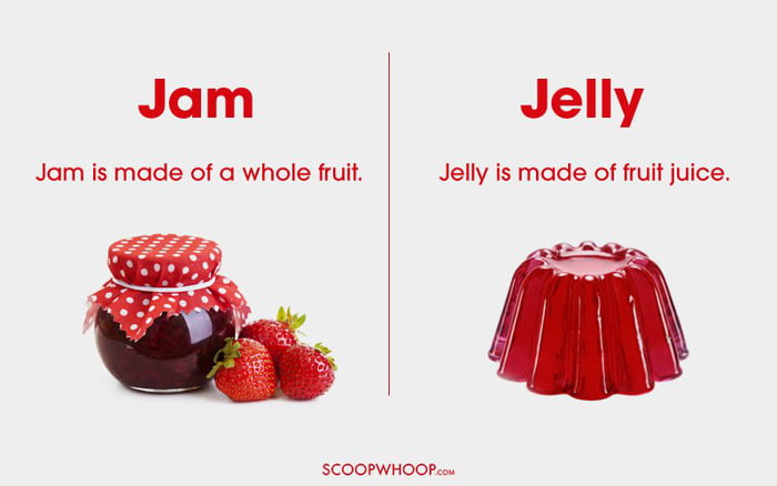 things that are different - Jam Jelly Jam is made of a whole fruit. Jelly is made of fruit juice. Scoopwhoop.Com
