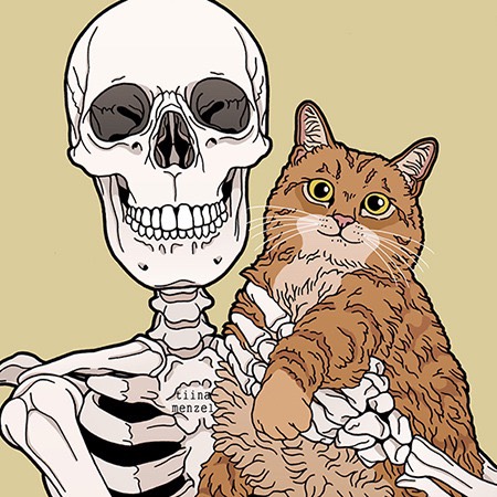 skeleton holding a cat drawing