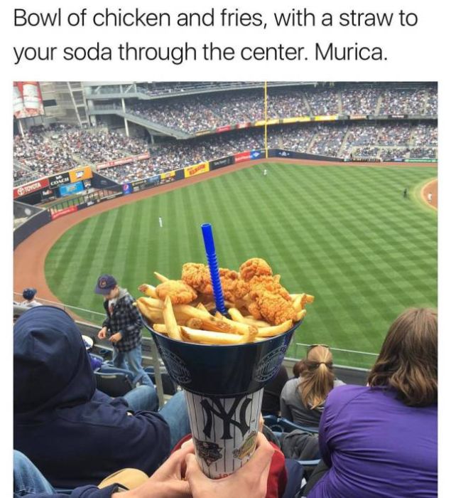 yankee stadium chicken fingers cup - Bowl of chicken and fries, with a straw to your soda through the center. Murica.