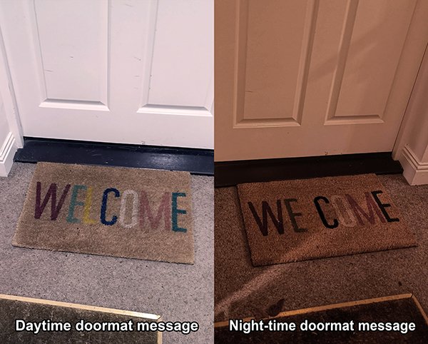 floor - We Come Wecue Daytime doormat message Nighttime doormat message