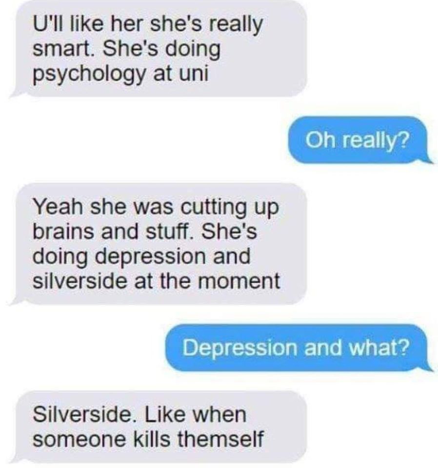 material - U'll her she's really smart. She's doing psychology at uni Oh really? Yeah she was cutting up brains and stuff. She's doing depression and silverside at the moment Depression and what? Silverside. when someone kills themself