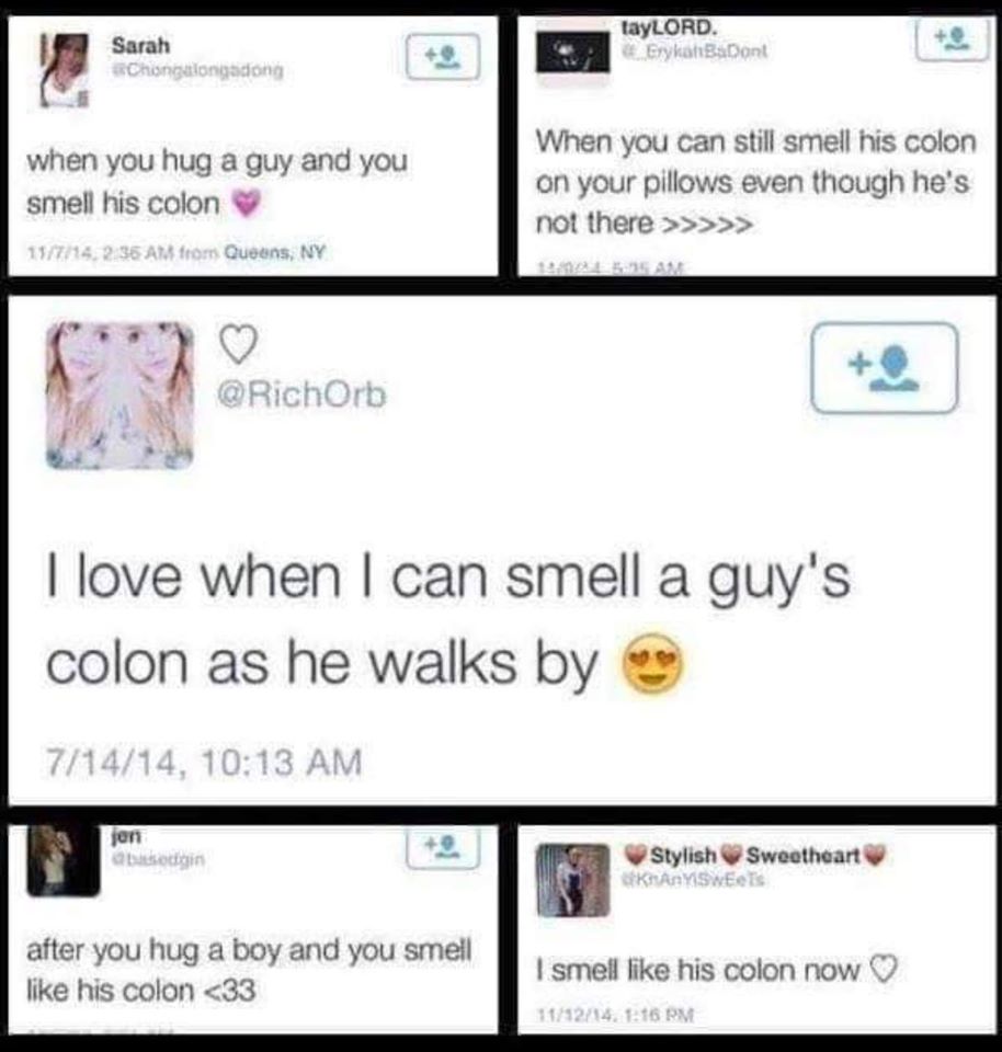 smell of colon meme - Sarah Chingalongadong tayLORD. Erykah BaDont when you hug a guy and you smell his colon When you can still smell his colon on your pillows even though he's not there >>>>> 19714, An trom Queens, Ny I love when I can smell a guy's col