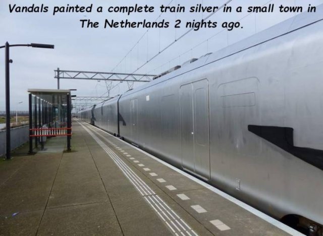 Train - Vandals painted a complete train silver in a small town in The Netherlands 2 nights ago.