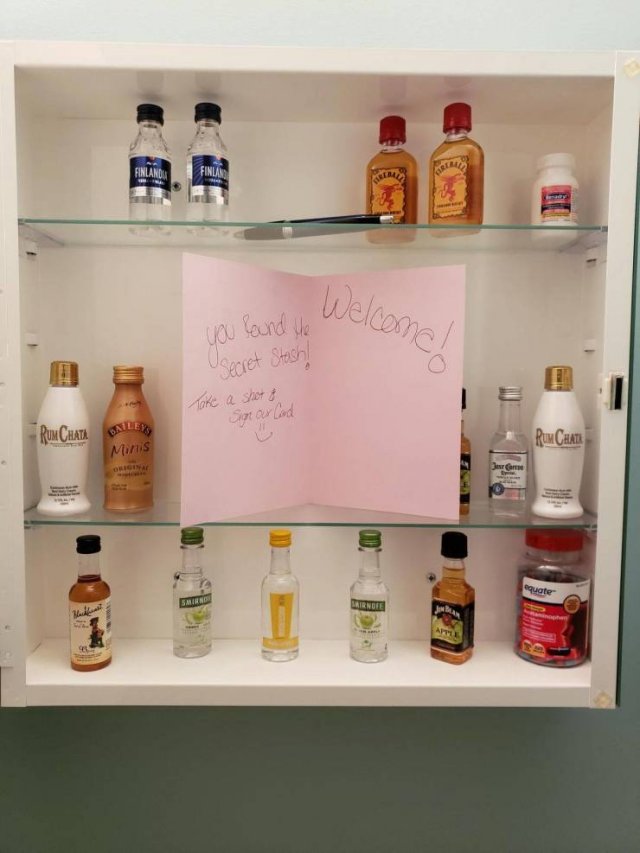 shelf - Finland Welcome you found the Wels Secret Stash Take a shot & Sigras Cand RumCHATA Run Chat Millis equate Rndie