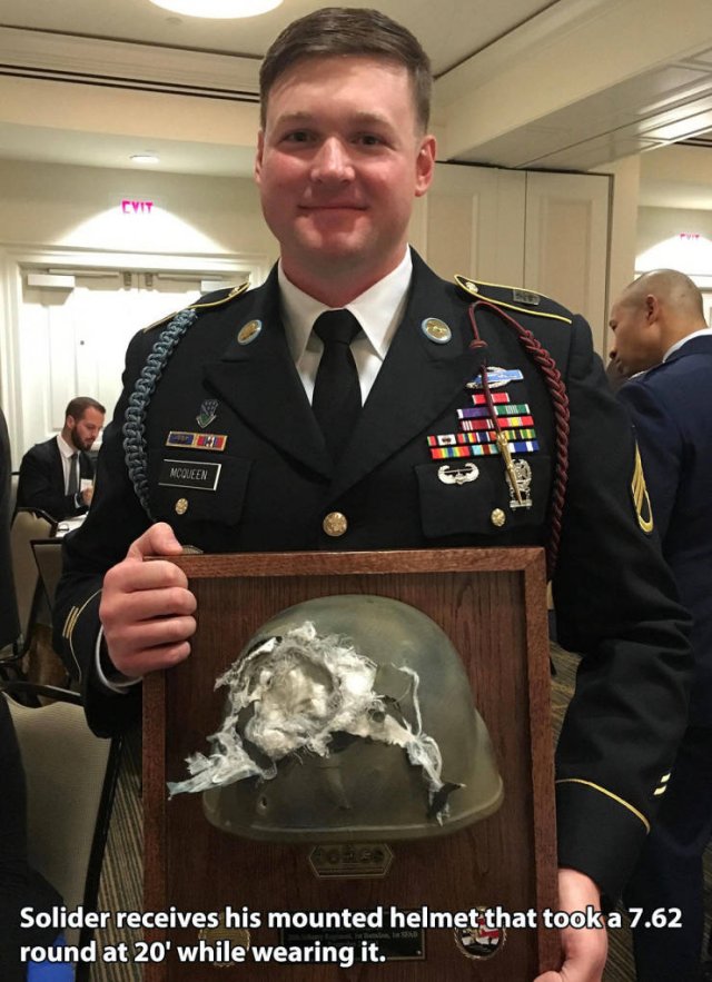 sfab meme - Cvit Mcqueen Solider receives his mounted helmet that took a 7.62 round at 20' while wearing it.
