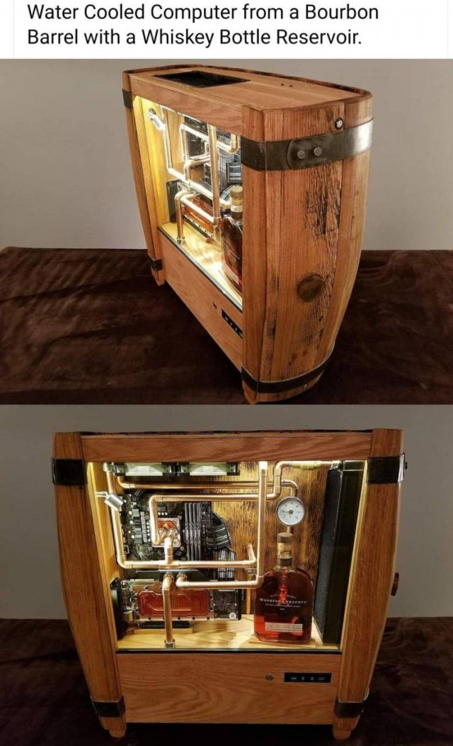 bourbon barrel pc - Water Cooled Computer from a Bourbon Barrel with a Whiskey Bottle Reservoir.