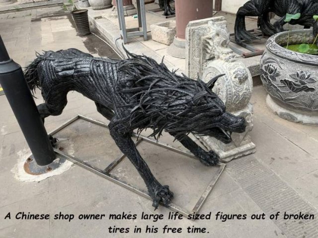 sculpture - A Chinese shop owner makes large life sized figures out of broken tires in his free time.