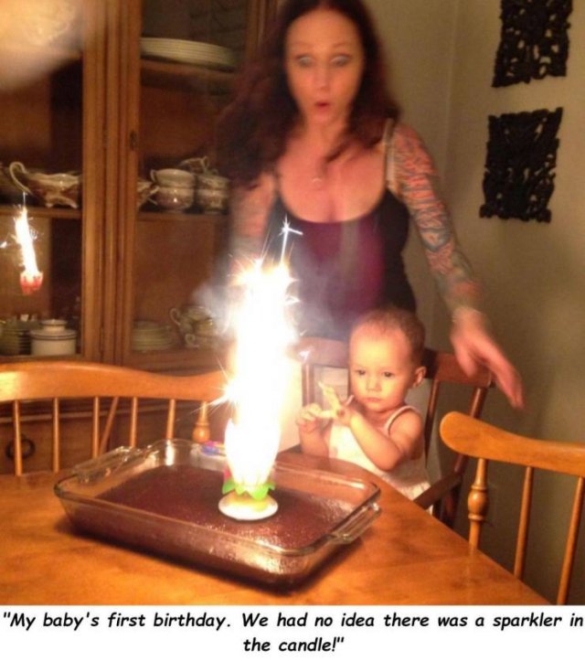 table - "My baby's first birthday. We had no idea there was a sparkler in the candle!"