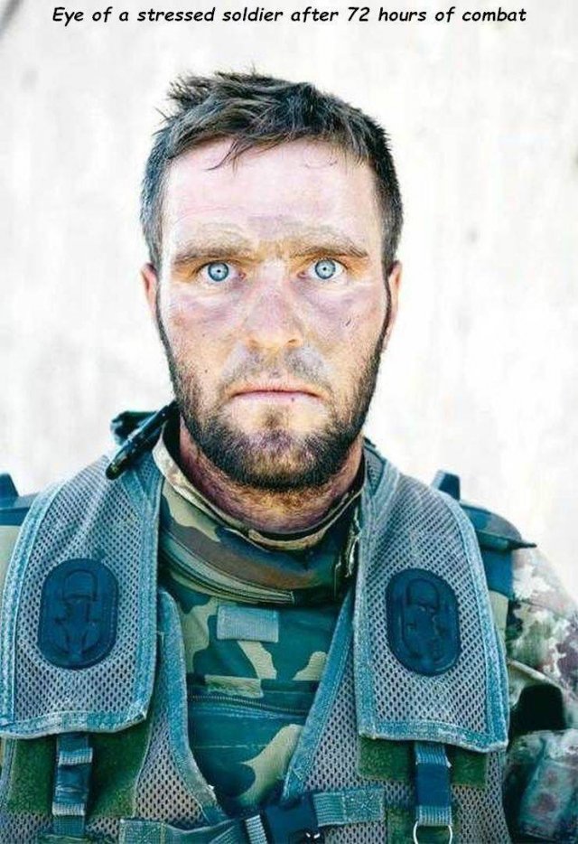 thousand yard stare - Eye of a stressed soldier after 72 hours of combat