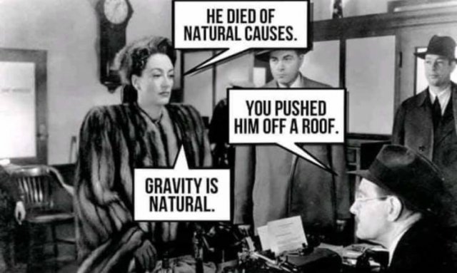 he died of natural causes memes - He Died Of Natural Causes. You Pushed Him Off A Roof. Gravity Is Natural.