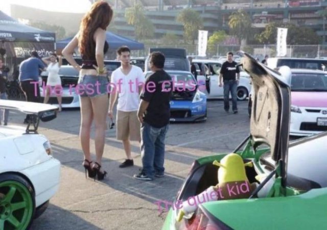 tall girl at car show - Test of the eles quiet kid