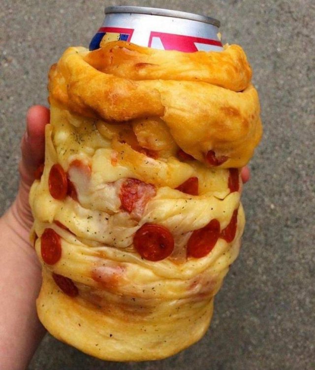 beer koozie made from pepperoni pizza