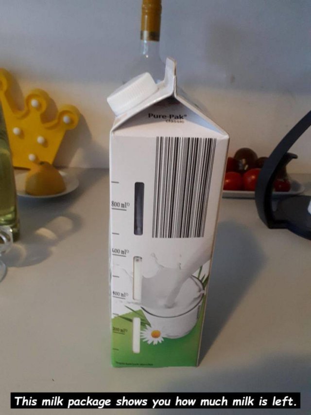 Pure Pak 800 m 400 ml This milk package shows you how much milk is left.