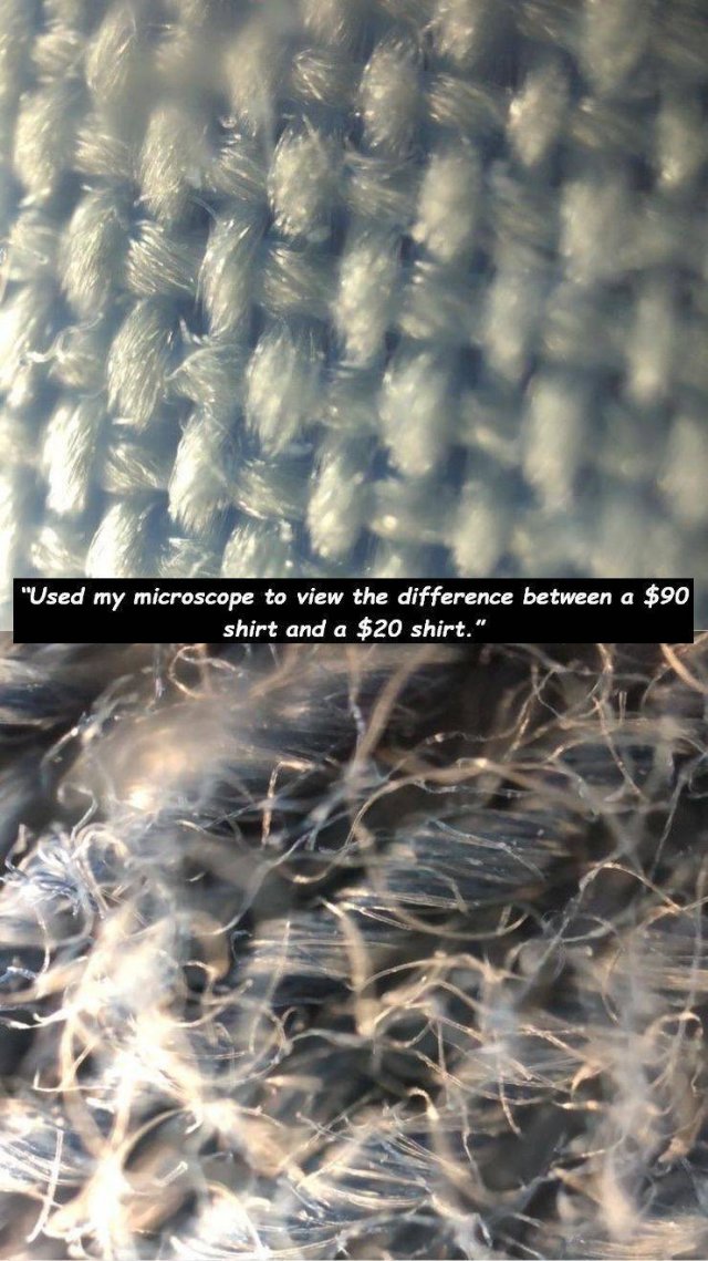 sky - "Used my microscope to view the difference between a $90 shirt and a $20 shirt."