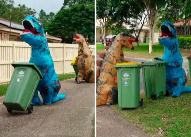 dinosaurs playing with trashcans