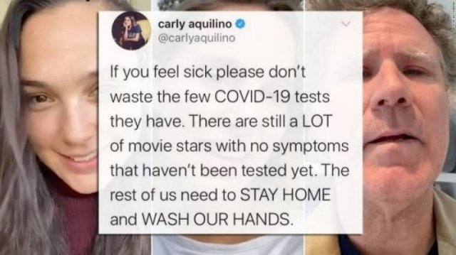 photo caption - carly aquilino If you feel sick please don't waste the few Ovid19 tests they have. There are still a Lot of movie stars with no symptoms that haven't been tested yet. The rest of us need to Stay Home and Wash Our Hands.