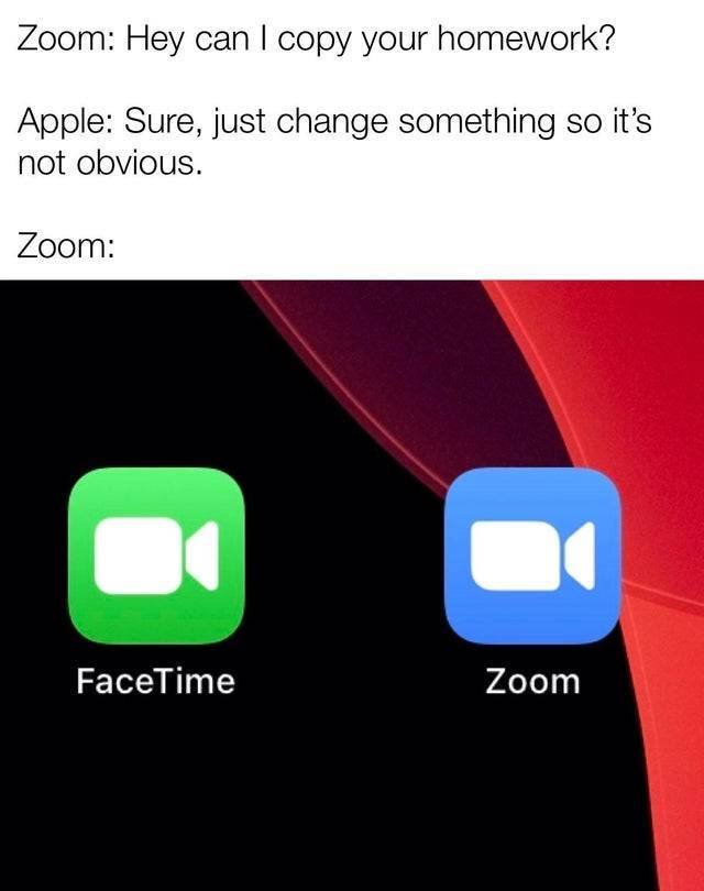 Internet meme - Zoom Hey can I copy your homework? Apple Sure, just change something so it's not obvious. Zoom FaceTime Zoom