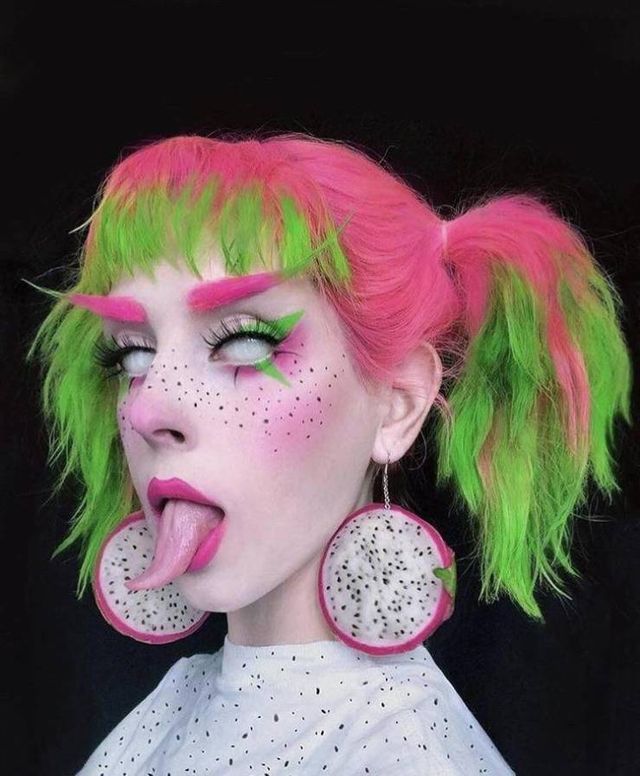 pink green hair coloring makeup look like dragonfruit