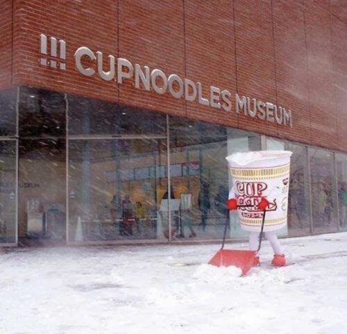 cup noodle shoveling snow