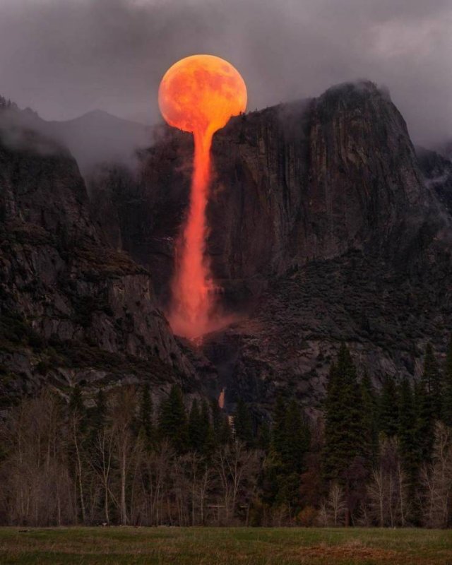 blood moon leaking into waterfall