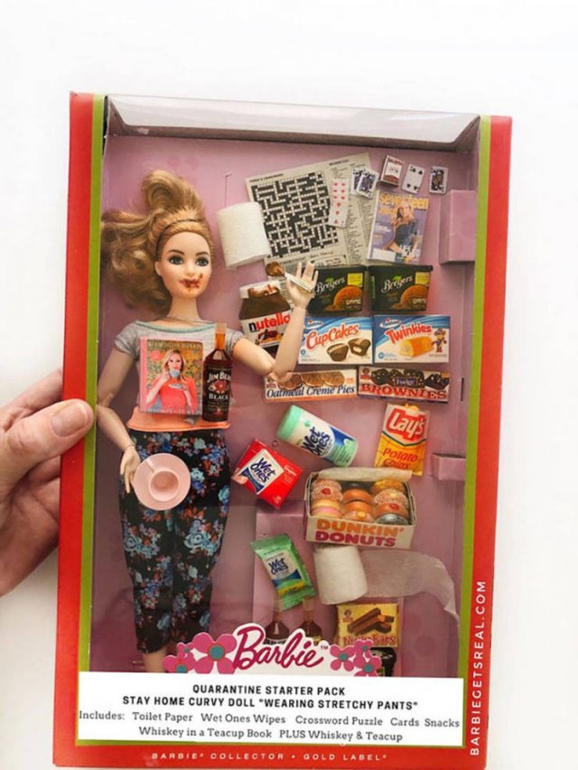 quarantine barbie - Lu Tns Beer nutello CupCakes Twinkles Blaco Oatmeal Creme Pies Brown Lays Potato these Dunkin' Donuts Barbie Getsreal.Com Quarantine Starter Pack Stay Home Curvy Doll "Wearing Stretchy Pants Includes Toilet Paper Wet Ones Wipes Crosswo