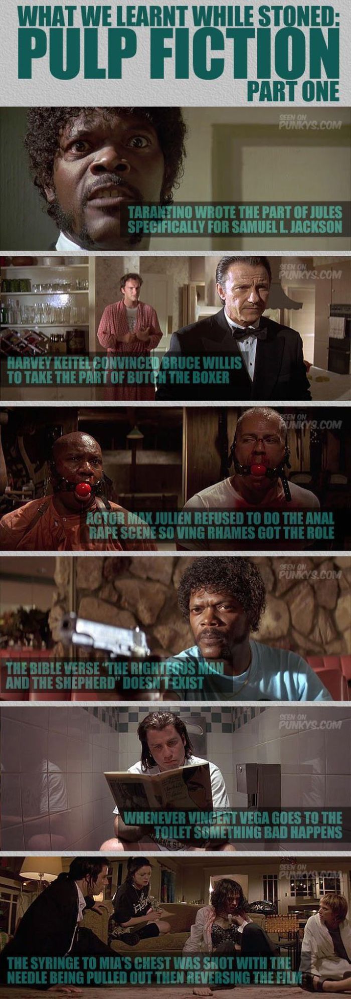samuel l jackson pulp fiction - What We Learnt While Stoned Pulp Fiction Part One Seen On Punkys.Com Tarantino Wrote The Part Of Jules Specifically For Samuel L. Jackson Seen On Punkys.Com Harvey Keitel ConvincedBruce Willis To Take The Part Of Butgh The 