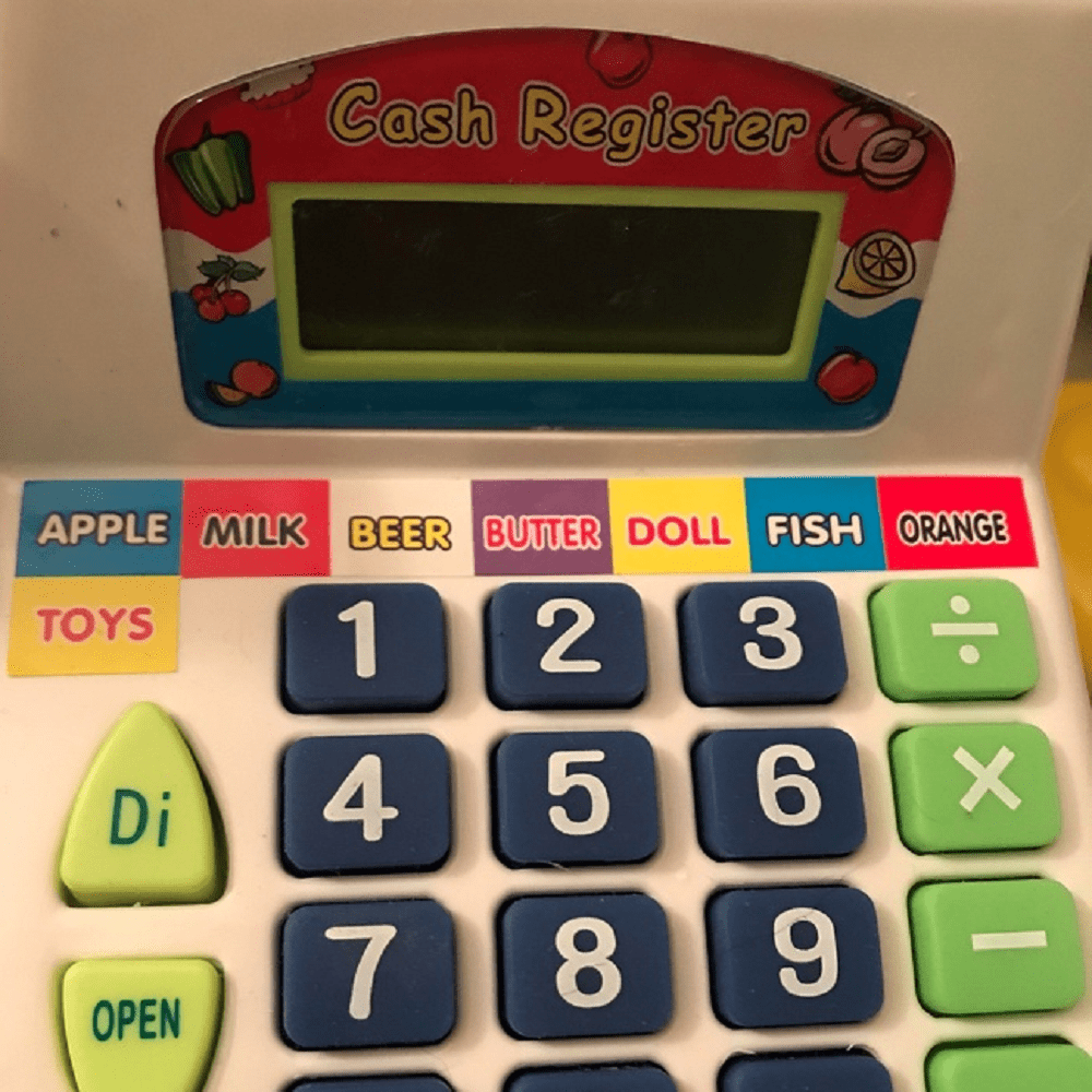 calculator - Cash Register Apple Milk Beer Butter Doll Fish Orange Toys 1 2 4 5 3 6 x Di 7 8 co Open 9