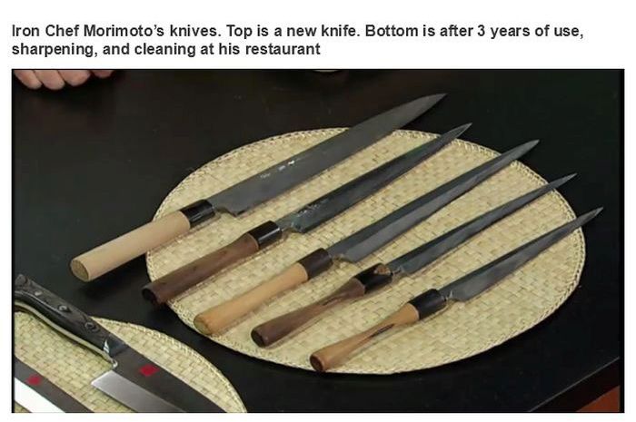 chef knife memes - Iron Chef Morimoto's knives. Top is a new knife. Bottom is after 3 years of use, sharpening, and cleaning at his restaurant