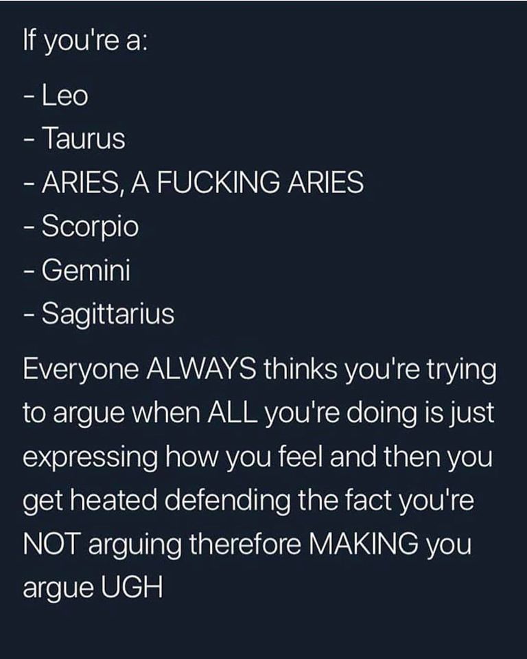 screenshot - If you're a Leo Taurus Aries, A Fucking Aries Scorpio Gemini Sagittarius Everyone Always thinks you're trying to argue when All you're doing is just expressing how you feel and then you get heated defending the fact you're Not arguing therefo