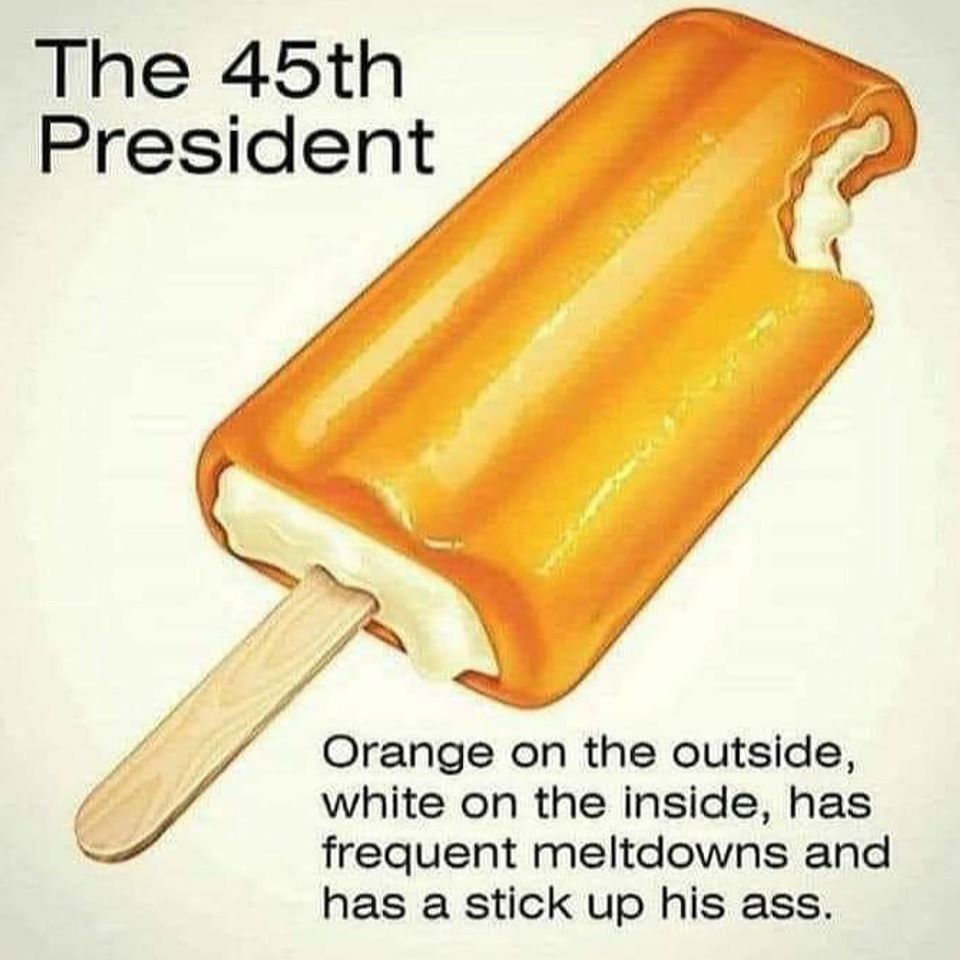 orange dreamsicle - The 45th President Orange on the outside, white on the inside, has frequent meltdowns and has a stick up his ass.