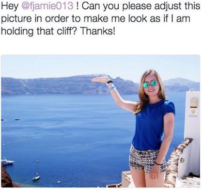 james fridman - Hey ! Can you please adjust this picture in order to make me look as if I am holding that cliff? Thanks!