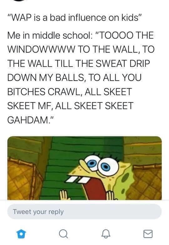 cartoon - "Wap is a bad influence on kids" Me in middle school "Toooo The Windowwww To The Wall, To The Wall Till The Sweat Drip Down My Balls, To All You Bitches Crawl, All Skeet Skeet Mf, All Skeet Skeet Gahdam." Tweet your Q Ki