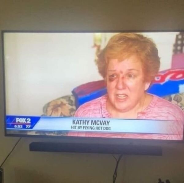 hit by flying hot dog meme - FOX2 6.52 77 Kathy Mcvay Hit By Flying Hot Dog