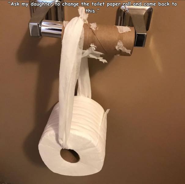 Toilet paper - "Ask my daughter to change the toilet paper roll and came back to this."