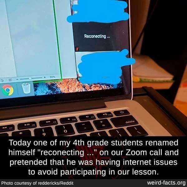 reconnecting zoom - Reconecting... 904 Today one of my 4th grade students renamed himself "reconecting ..." on our Zoom call and pretended that he was having internet issues to avoid participating in our lesson. Photo courtesy of reddericksReddit weirdfac