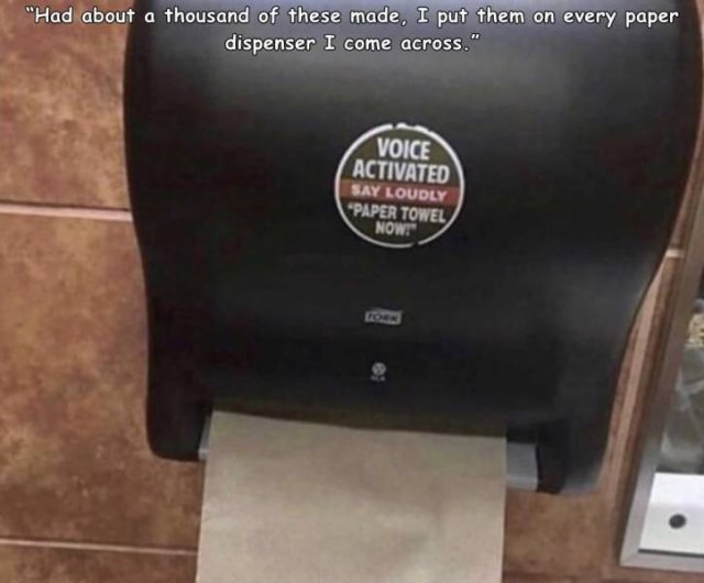 paper towel now sticker - "Had about a thousand of these made, I put them on every paper dispenser I come across." Voice Activated Say Loudly "Paper Towel Nowt