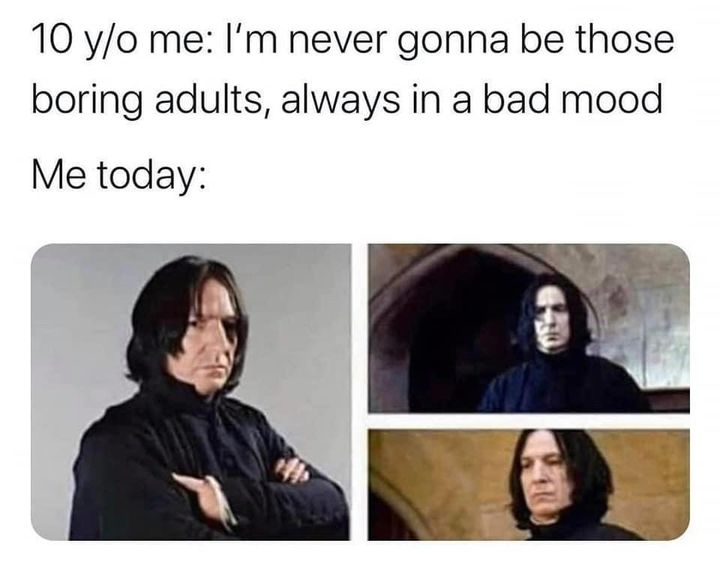 severus snape memes - 10 yo me I'm never gonna be those boring adults, always in a bad mood Me today