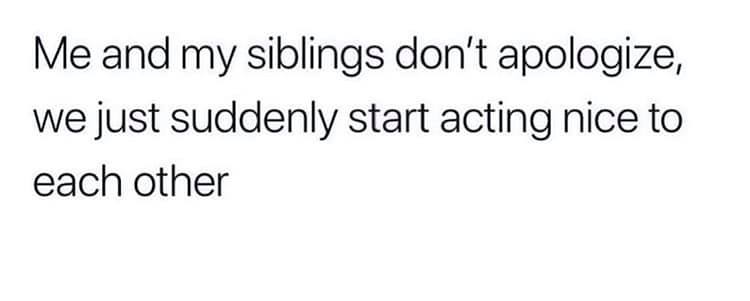 funny pics and memes - Me and my siblings don't apologize, we just suddenly start acting nice to each other
