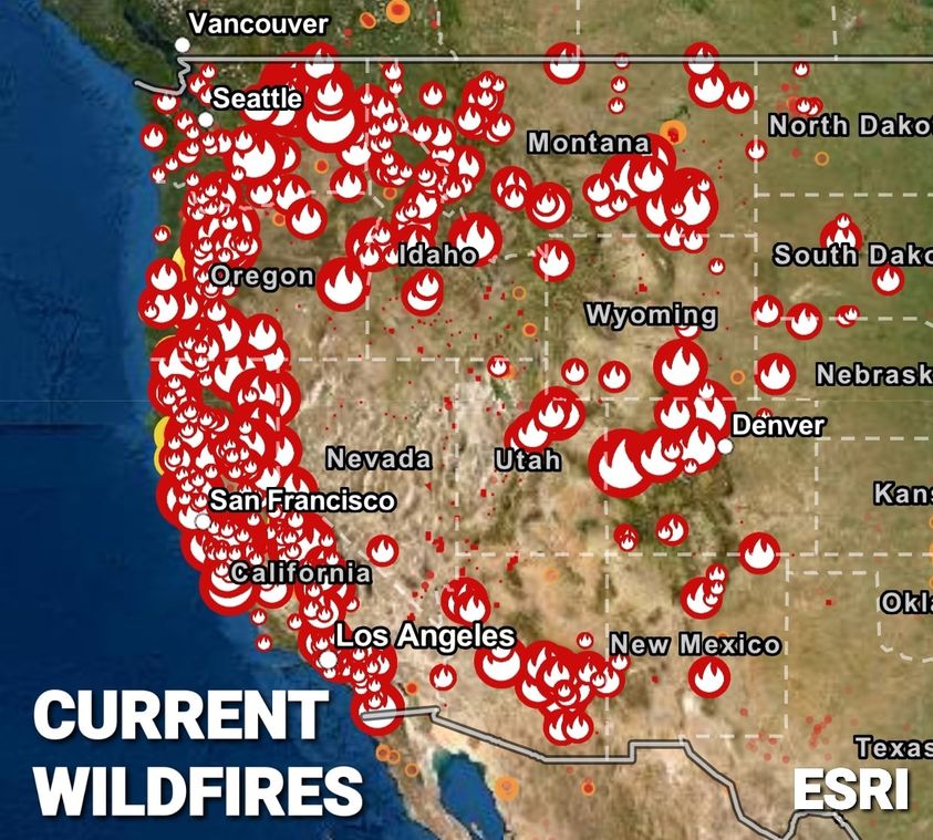 map - Vancouver Seattle North Dako Montana widaho South Dakc Oregon Wyoming Nebrask Denver Utah Kan 3 Nevada San Francisco California Okle Los Angeles New Mexico Current Wildfires Texas Esri