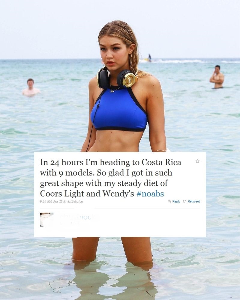 gigi hadid beach - In 24 hours I'm heading to Costa Rica with 9 models. So glad I got in such great shape with my steady diet of Coors Light and Wendy's Apr 28th via Echofon 1 Retweet