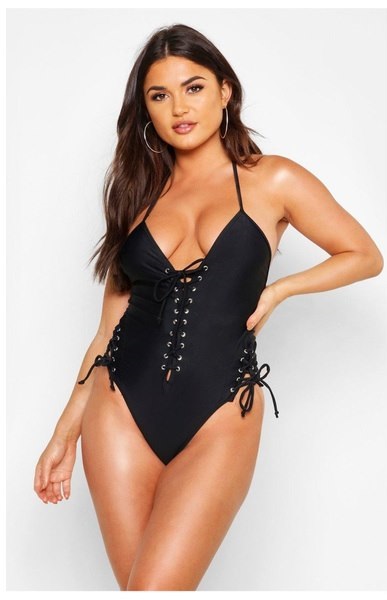 boohoo swimsuit boutique lace up front black