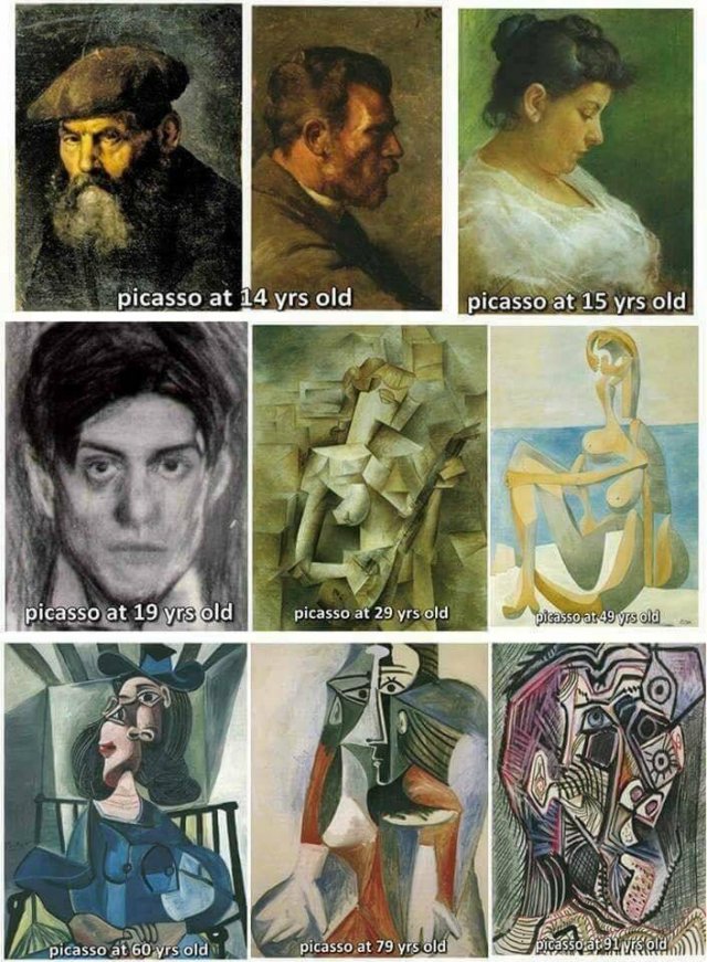 picasso evolution - picasso at 14 yrs old picasso at 15 yrs old picasso at 19 yrs old picasso at 29 yrs old picasso at 49 yrs old picasso at 60 yrs old picasso at 79 yrs old picassojat91 visola