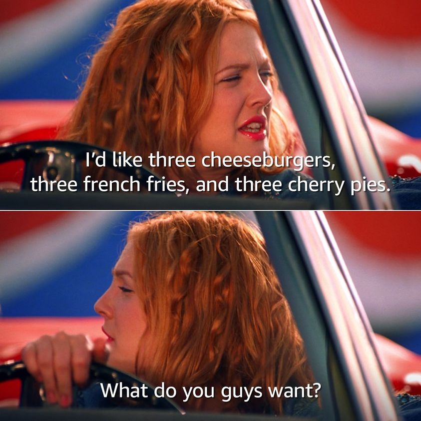 blond - I'd three cheeseburgers, three french fries, and three cherry pies. What do you guys want?