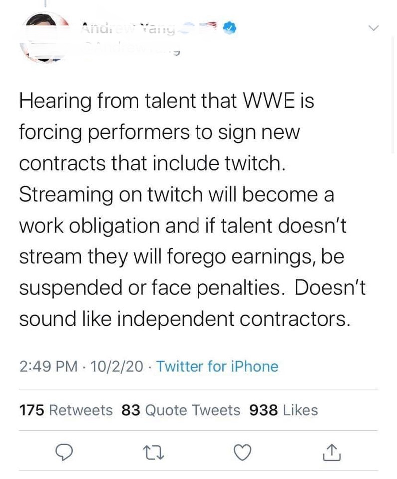 document - Andiary Hearing from talent that Wwe is forcing performers to sign new contracts that include twitch. Streaming on twitch will become a work obligation and if talent doesn't stream they will forego earnings, be suspended or face penalties. Does