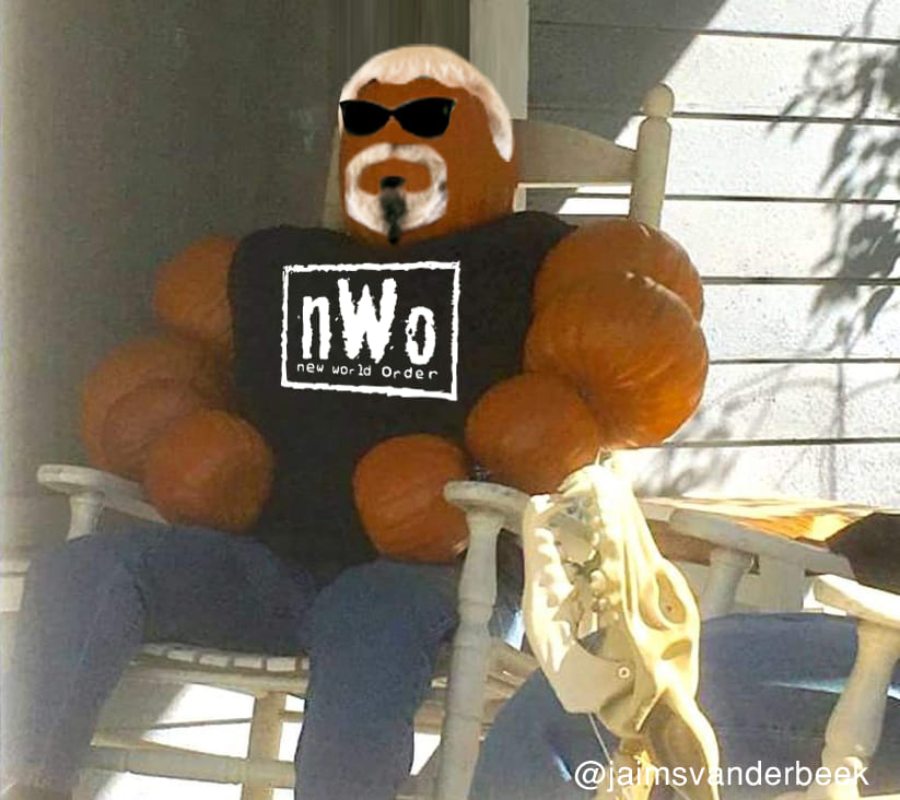 funny pic -- jacked o lantern wrestler made out of pumpkins